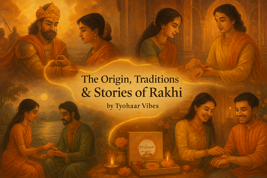 Collage of Raksha Bandhan Stories and a modern sibling tying rakhi with Tyohaar Vibes box, connected by a glowing festive thread.
