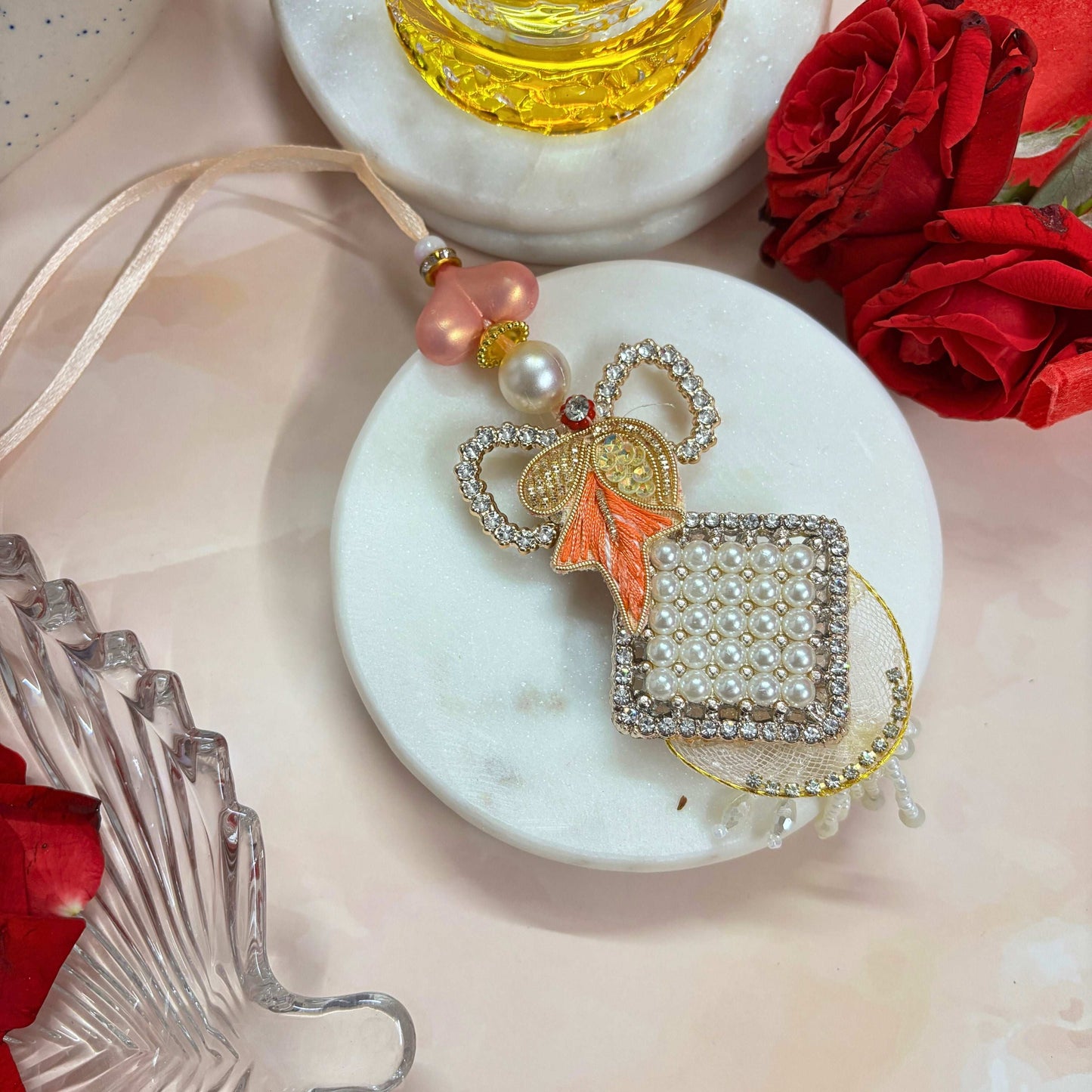 Elegant Bhaiya Bhabhi Rakhi Set Designer Raksha Bandhan Rakhi Combo with Pearls and Colorful Accents