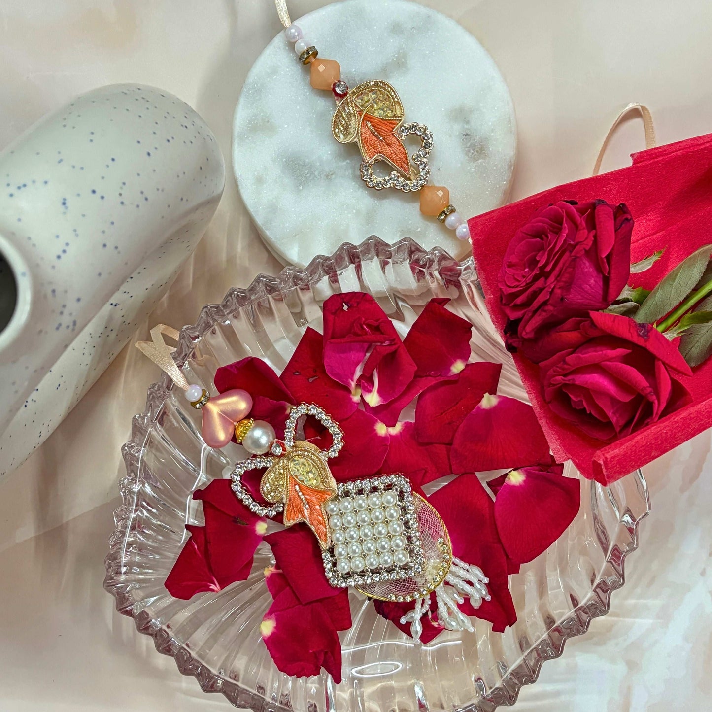 Bhaiya Bhabhi Rakhi Set Designer Raksha Bandhan Rakhi Combo with Decorative Elements and Rose Petals