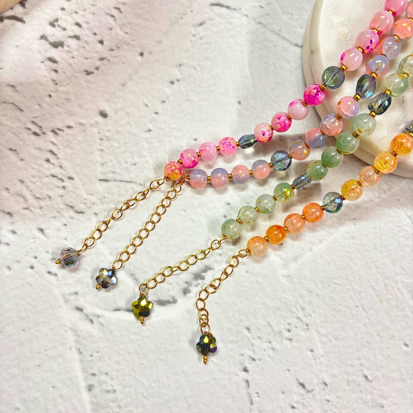 Colorful Marble Effect Beaded Bracelet Combo with Gold Chain and Unique Beads